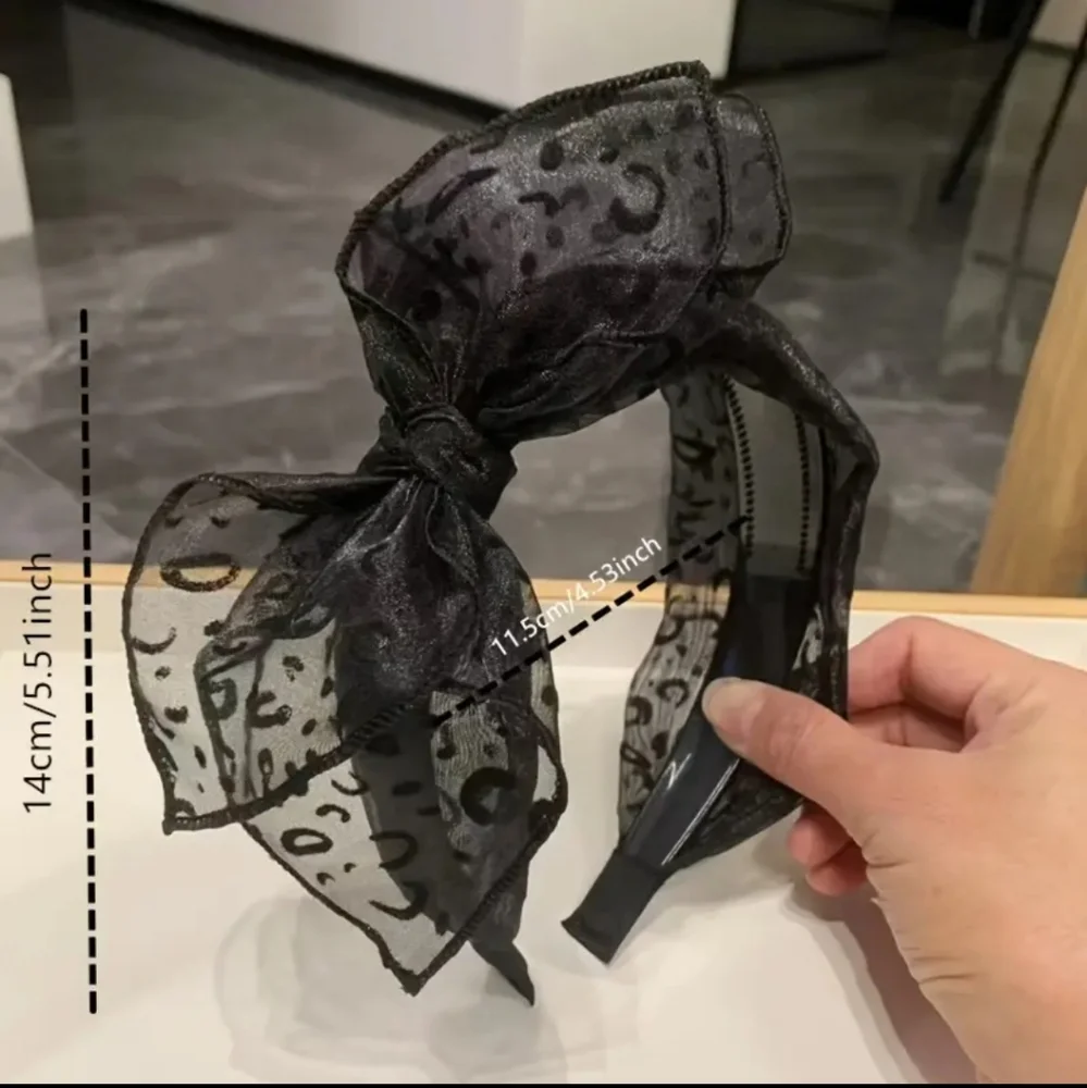 1pc Black/Silver Gray Tooth Anti-slip French Leopard Print Bow Hair Band, Retro